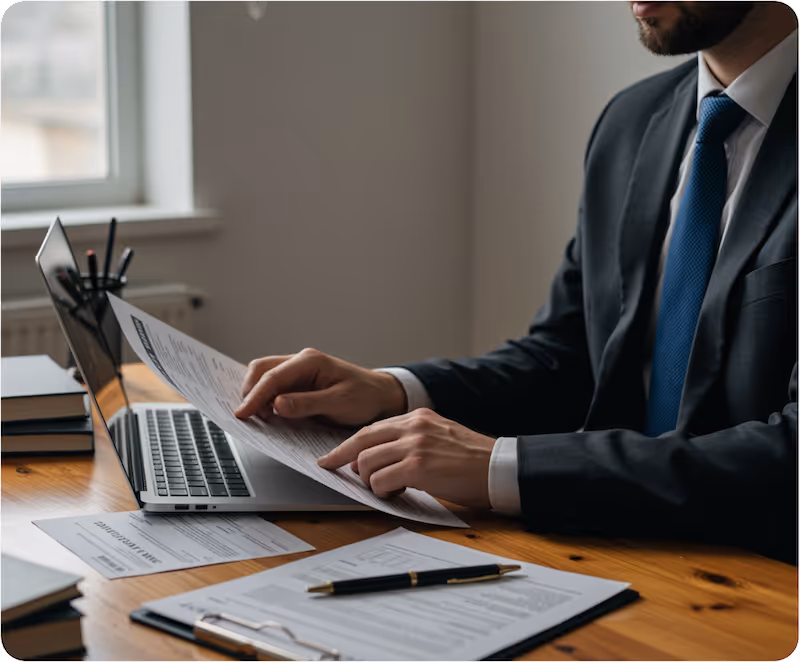 Businessman in suit reviewing documents at a desk with a laptop and pen.