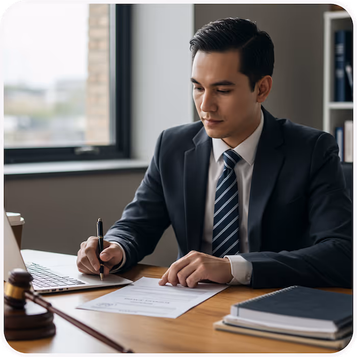 A young male lawyer in a suit signs a document at his desk with a laptop, legal books, and a gavel nearby.