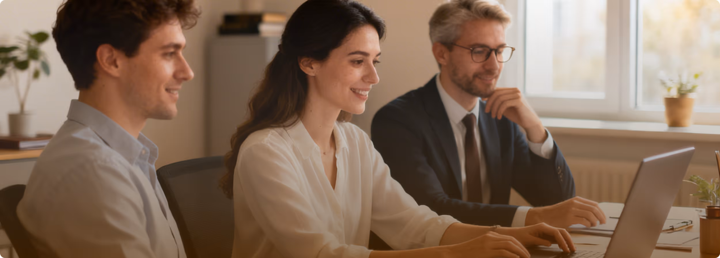 Three young professionals, two men and one woman, sitting at a table working on laptops in a bright office.