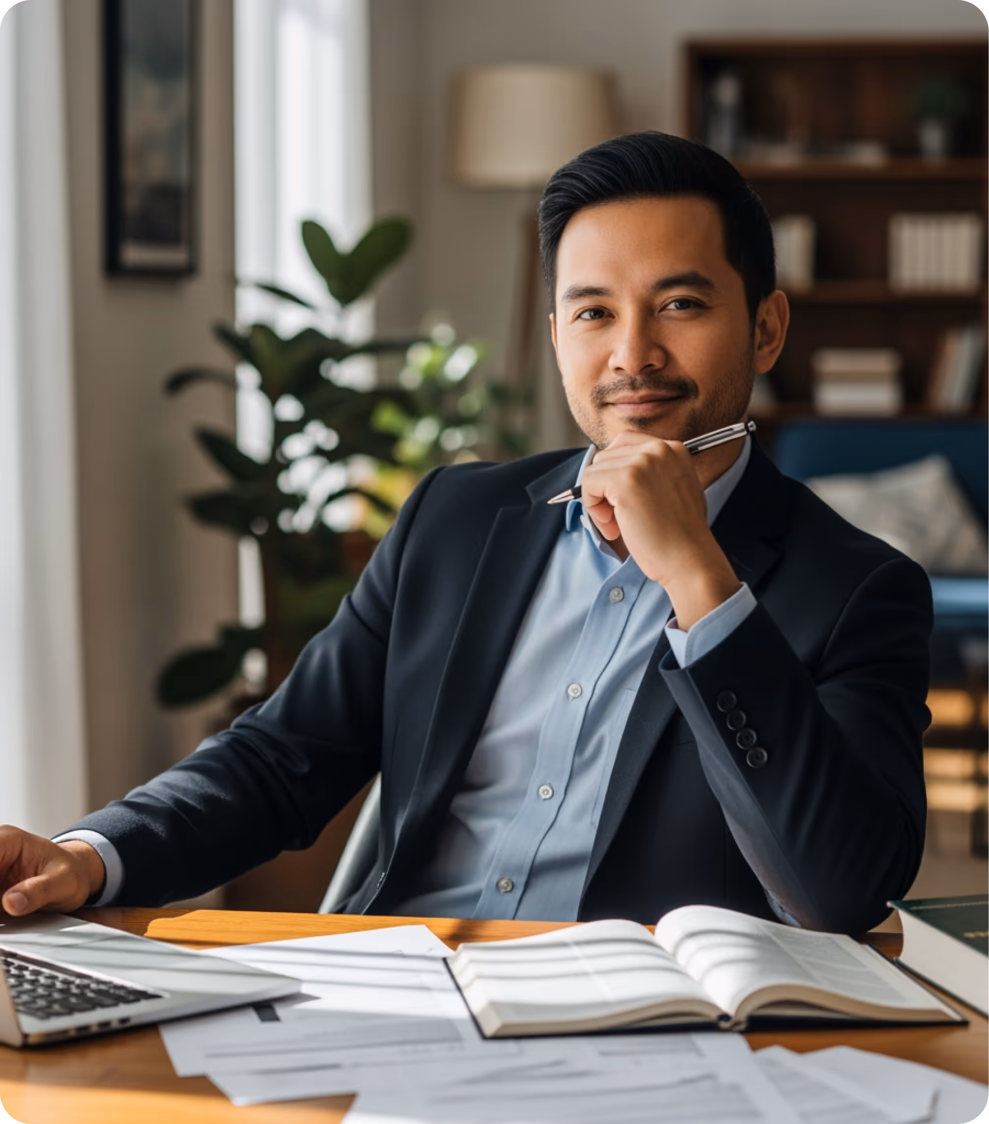 Confident man in a suit sitting at a desk with documents, books, and a laptop, holding a pen.