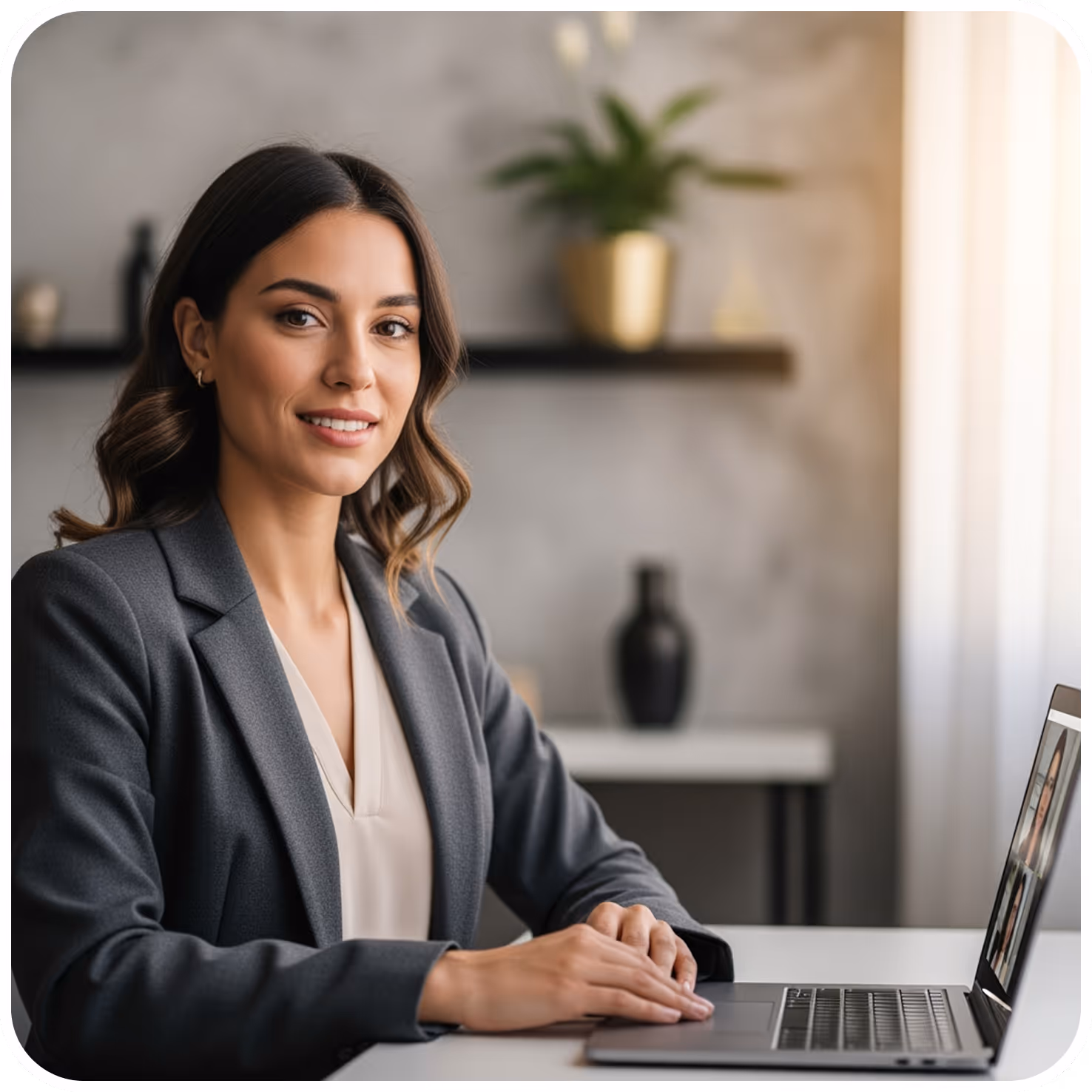 Professional woman in a gray blazer smiling while sitting at a desk with an open laptop during a video call.