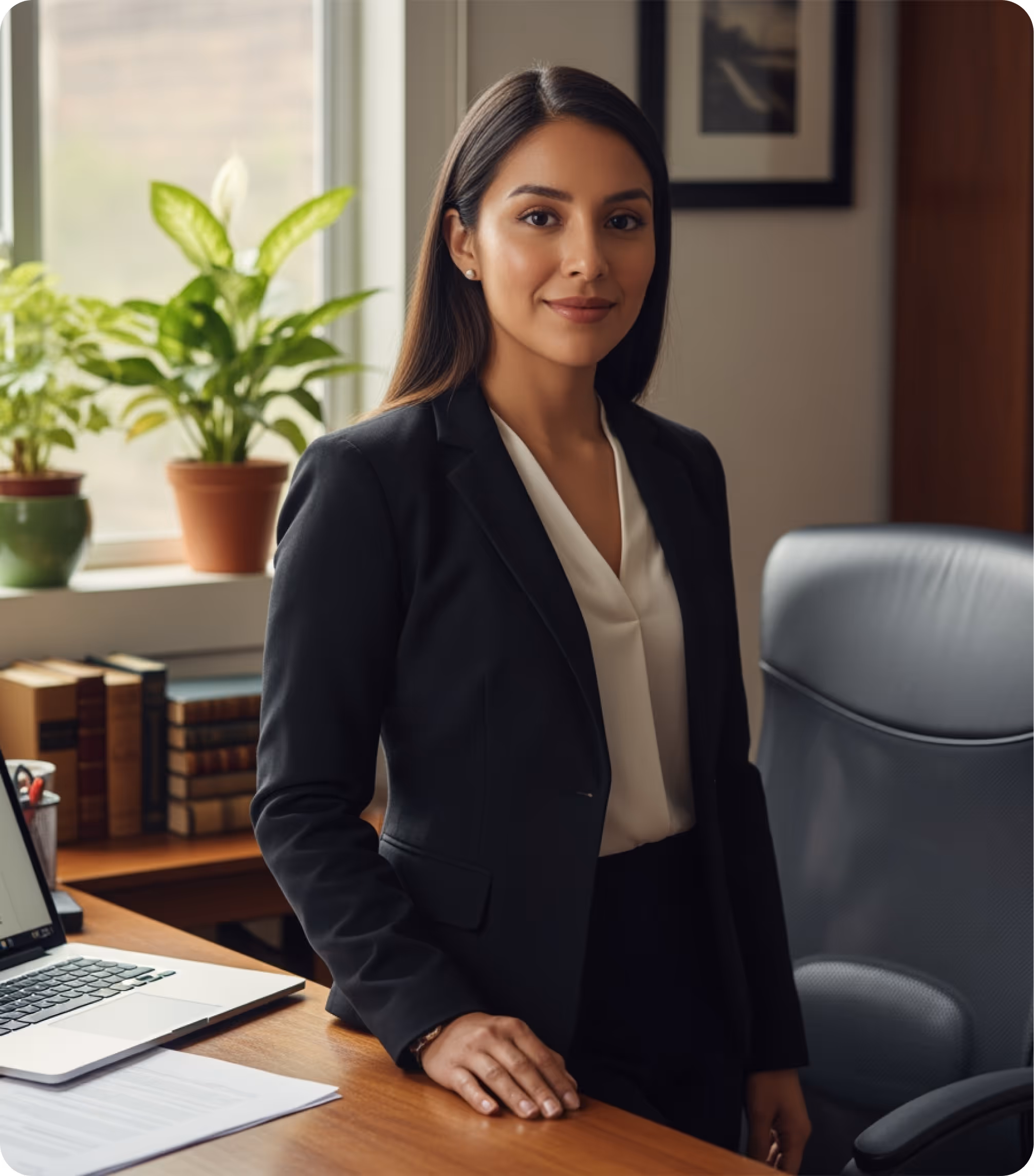 Professional woman in a black blazer and white blouse standing by a desk in a well-lit office.