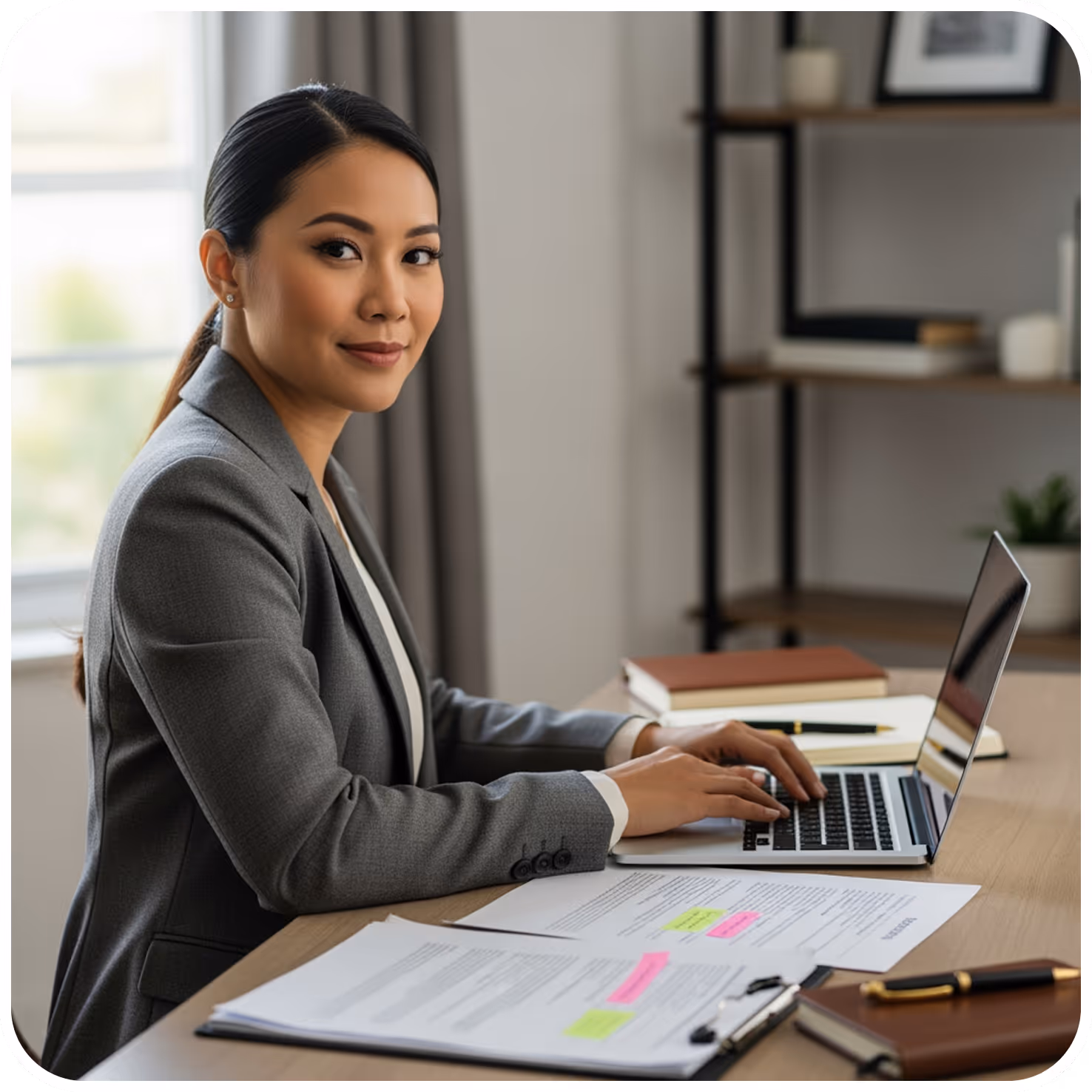 Professional woman in a gray blazer working on a laptop at a desk with highlighted documents and notebooks.
