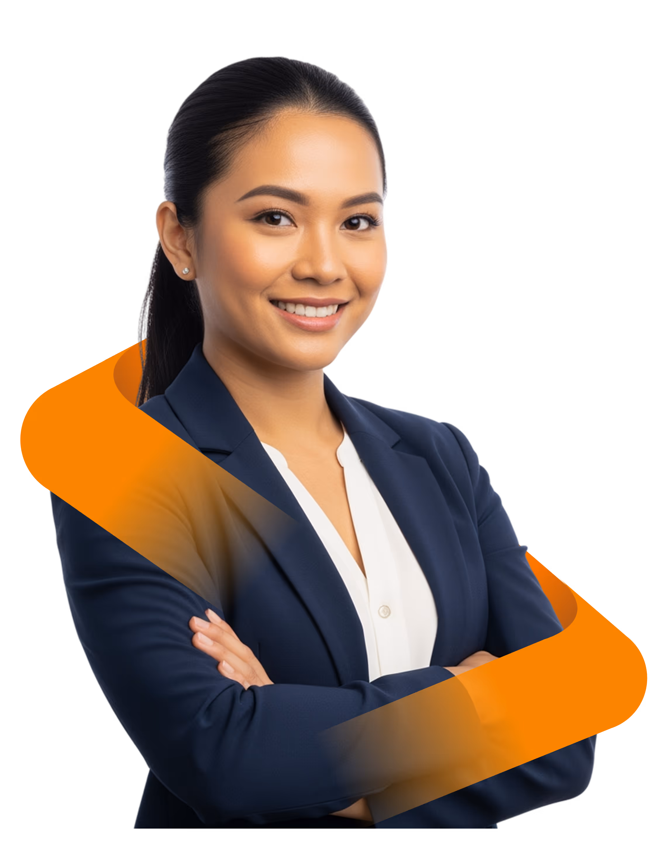 Smiling businesswoman with dark hair in a navy blazer and white blouse, arms crossed.