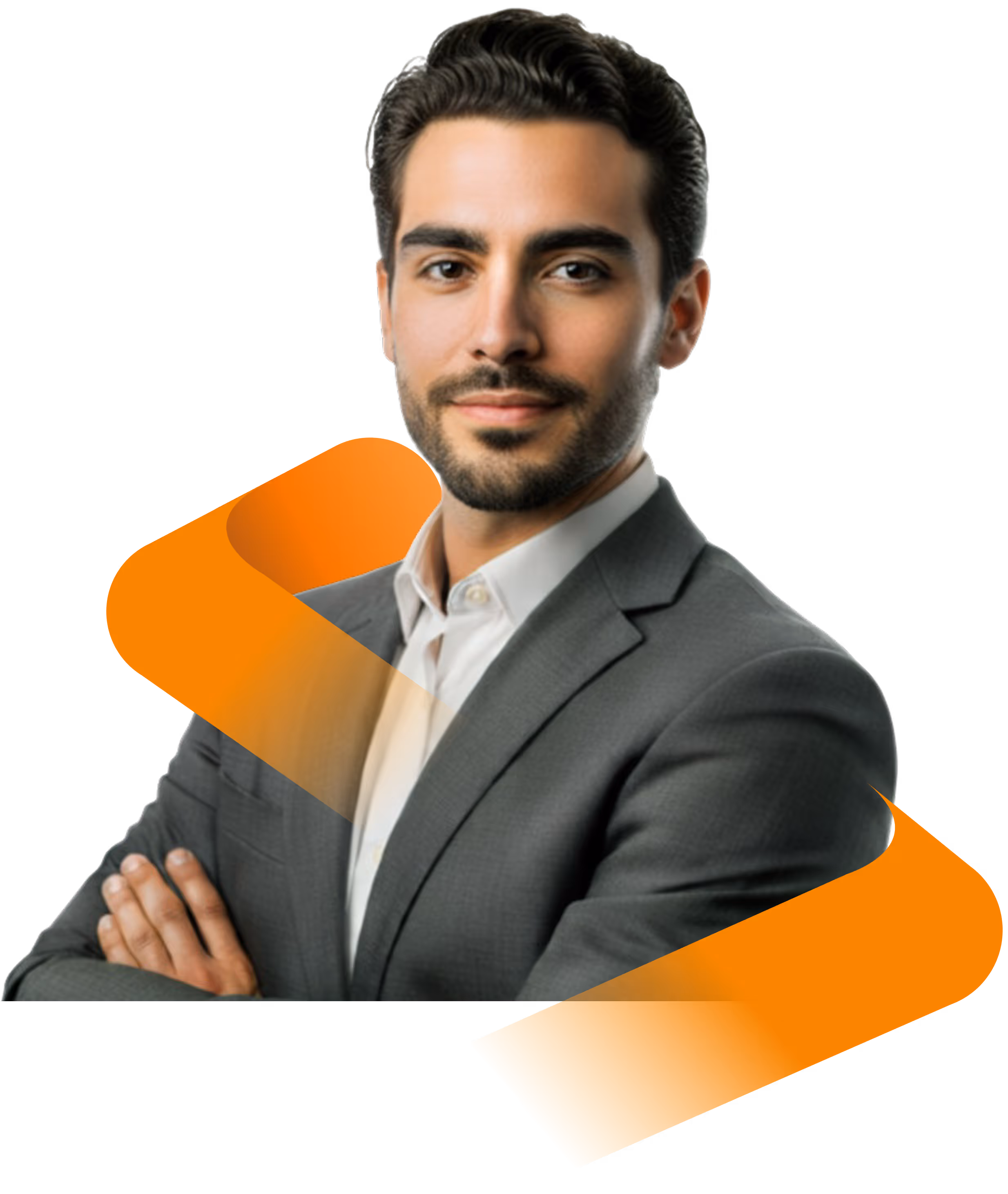 Confident young man in a grey suit with arms crossed, smiling slightly against a transparent background with orange graphic accents.