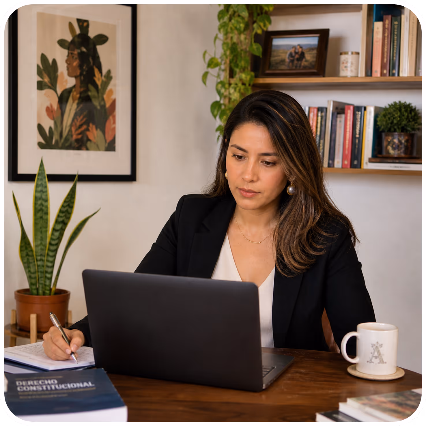 Woman in a black blazer working on a laptop at a wooden desk with books and a coffee mug.