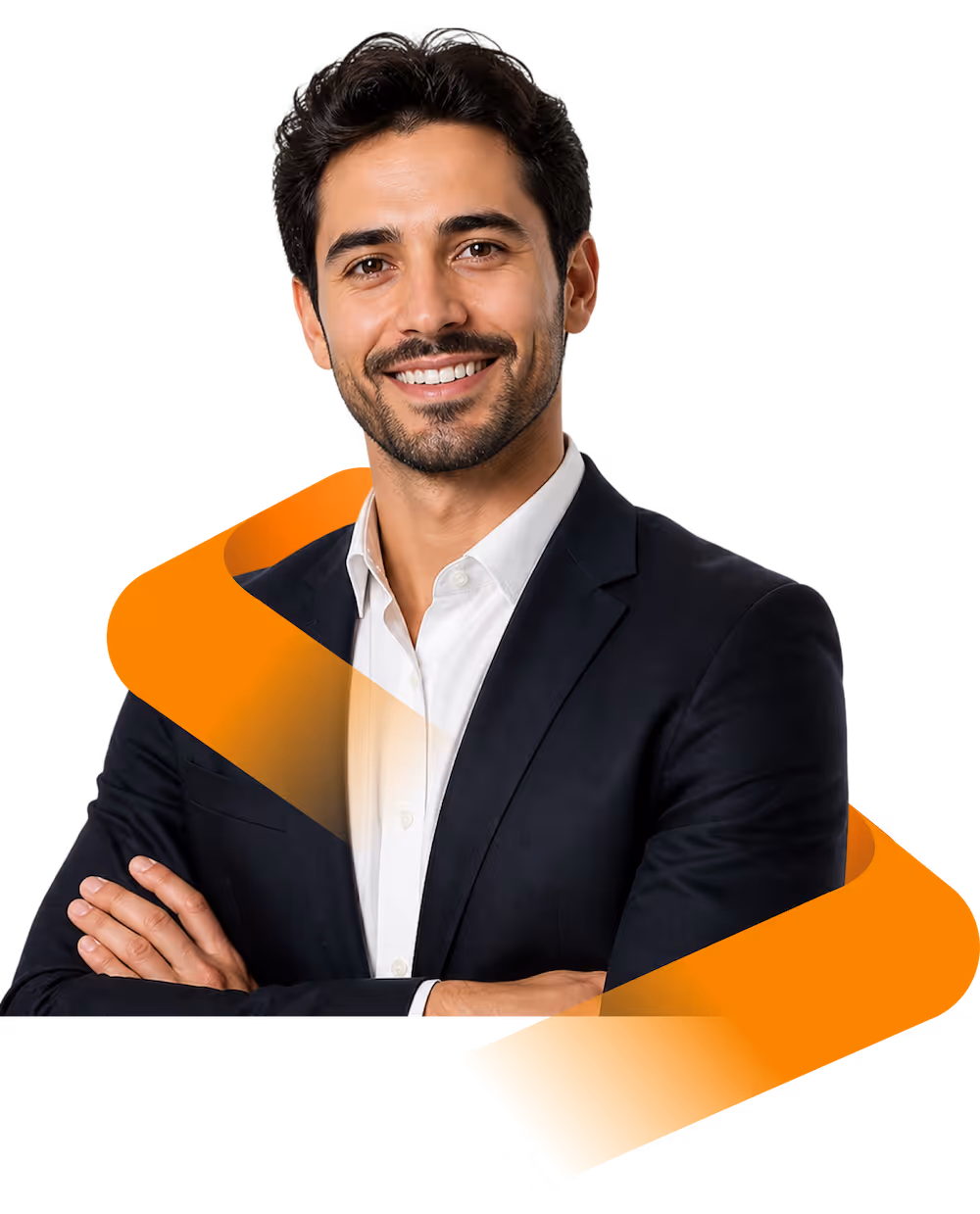 Smiling man in a dark suit and white shirt with arms crossed, wrapped by an orange ribbon graphic.