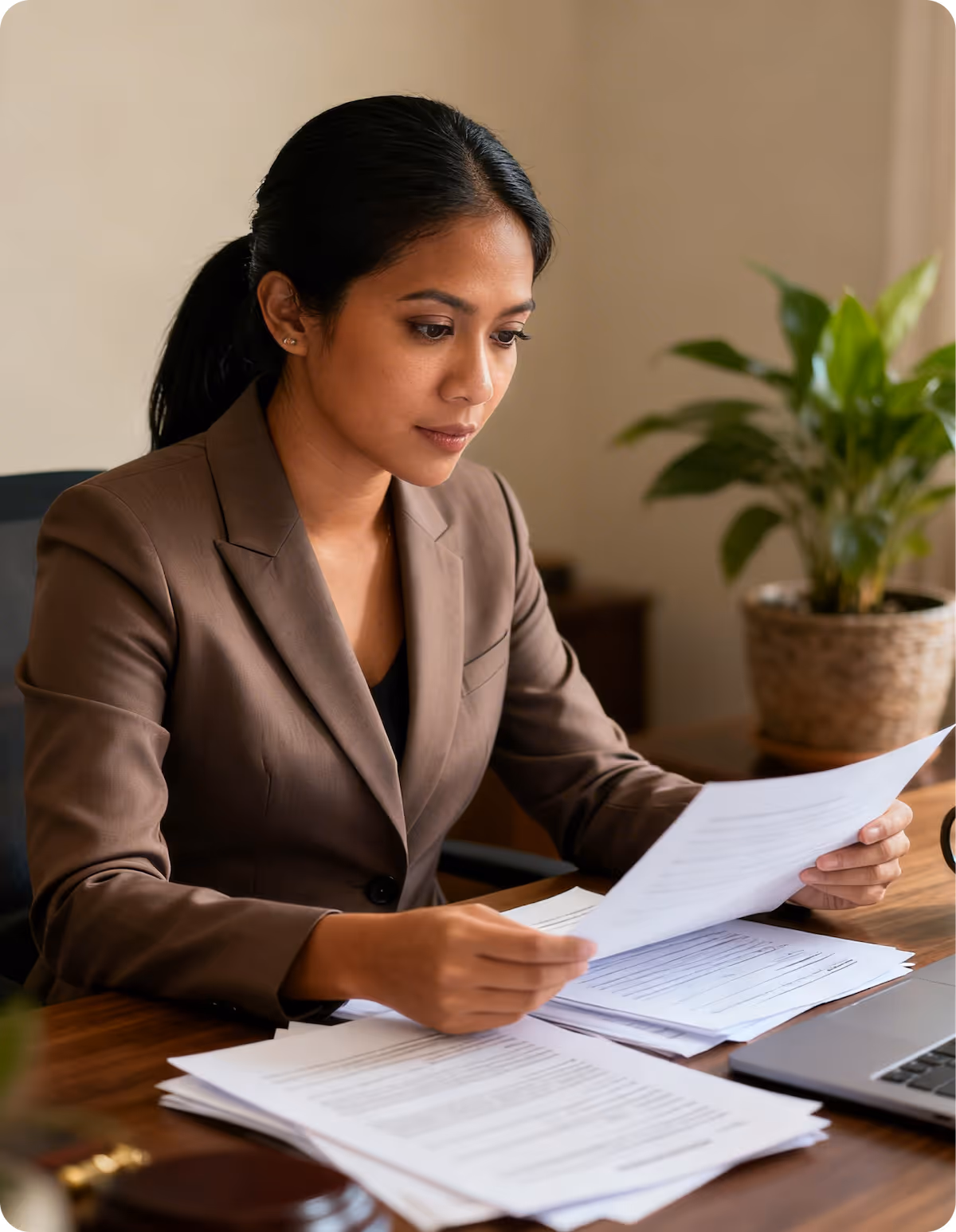 Woman in brown blazer reviewing documents at a wooden desk with a laptop and a potted plant nearby.