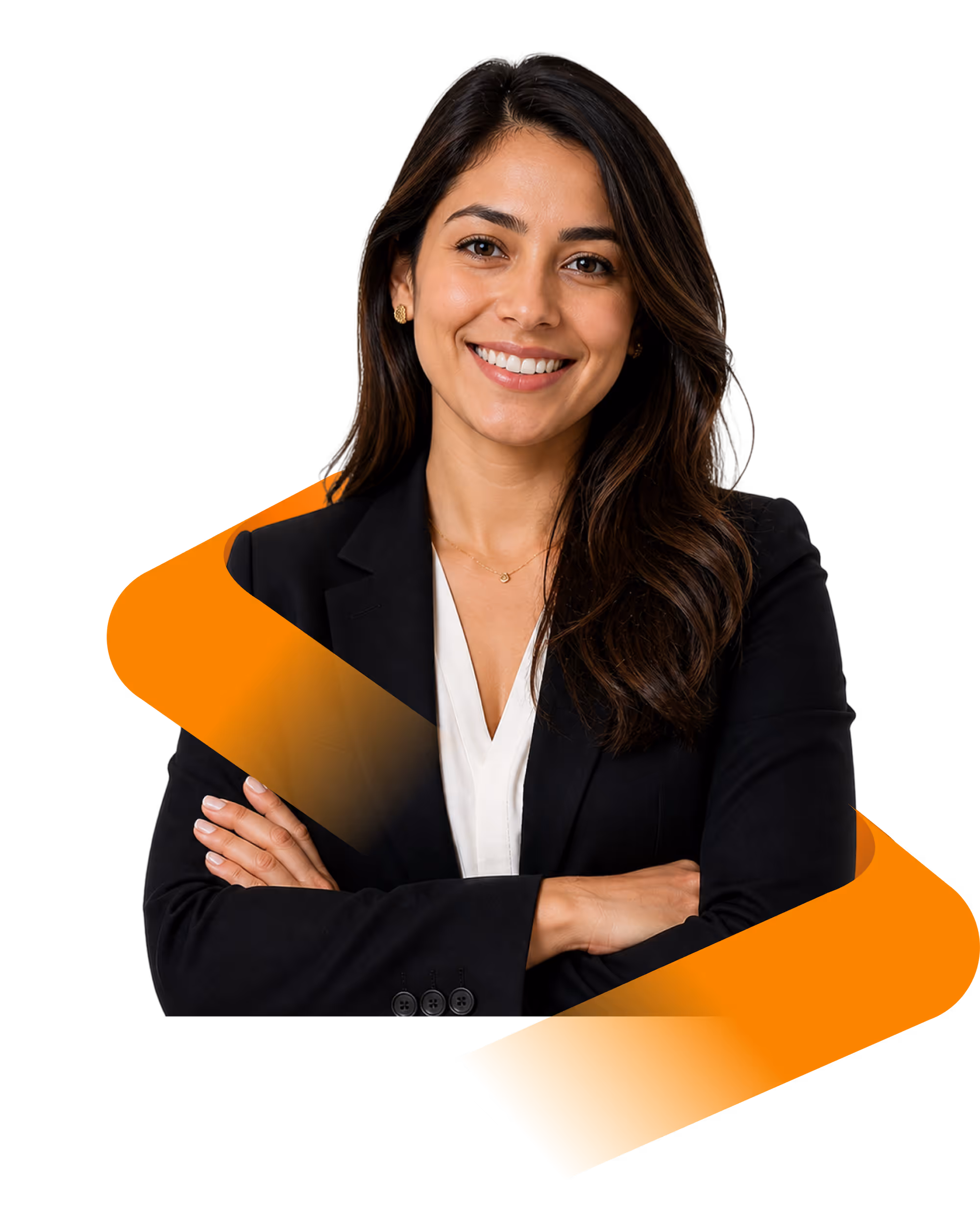 Smiling woman with long brown hair wearing a black blazer and white blouse, arms crossed.