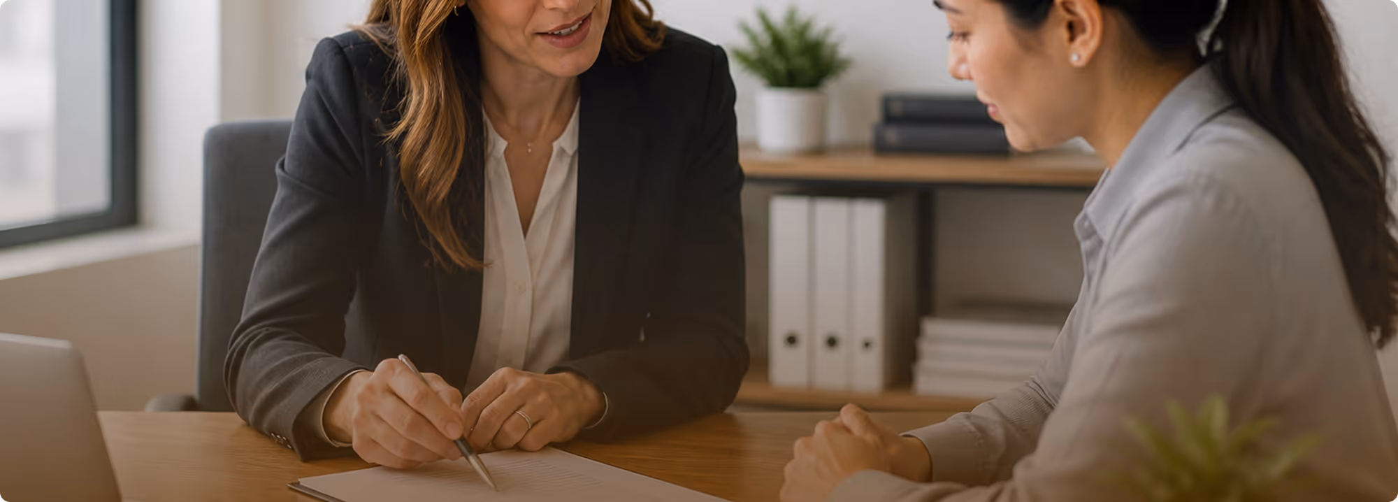 Two professional women sitting at a desk engaged in a discussion with one pointing at a document with a pen.