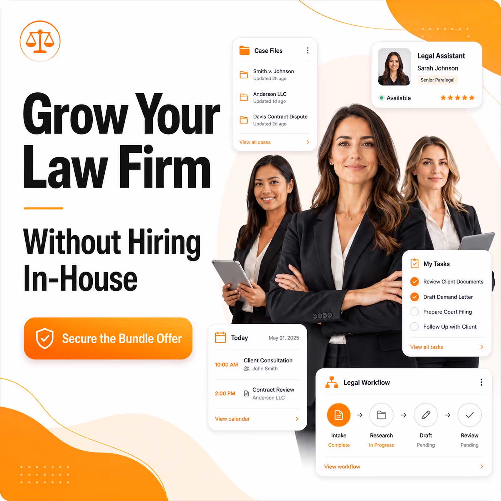 Three professional women in black suits, law firm tasks, calendar, and legal workflow icons around them.