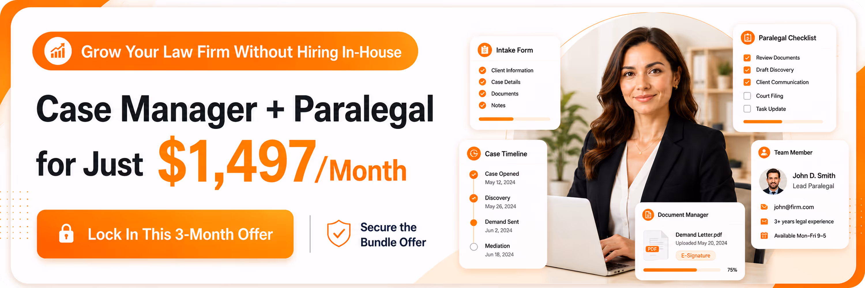 Ad offering case manager and paralegal services for $1,497/month with workflow and team details.