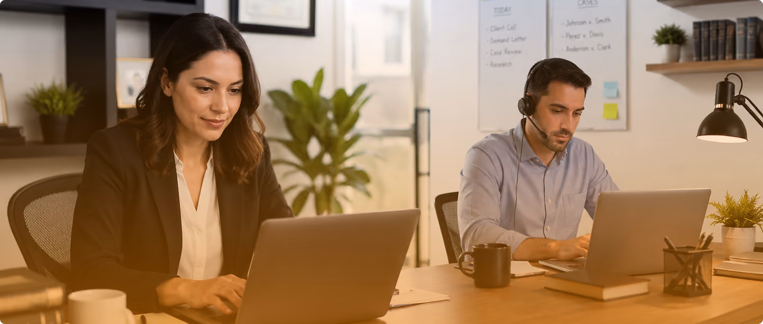 Man and woman working on laptops in an office with plants and a whiteboard behind them.