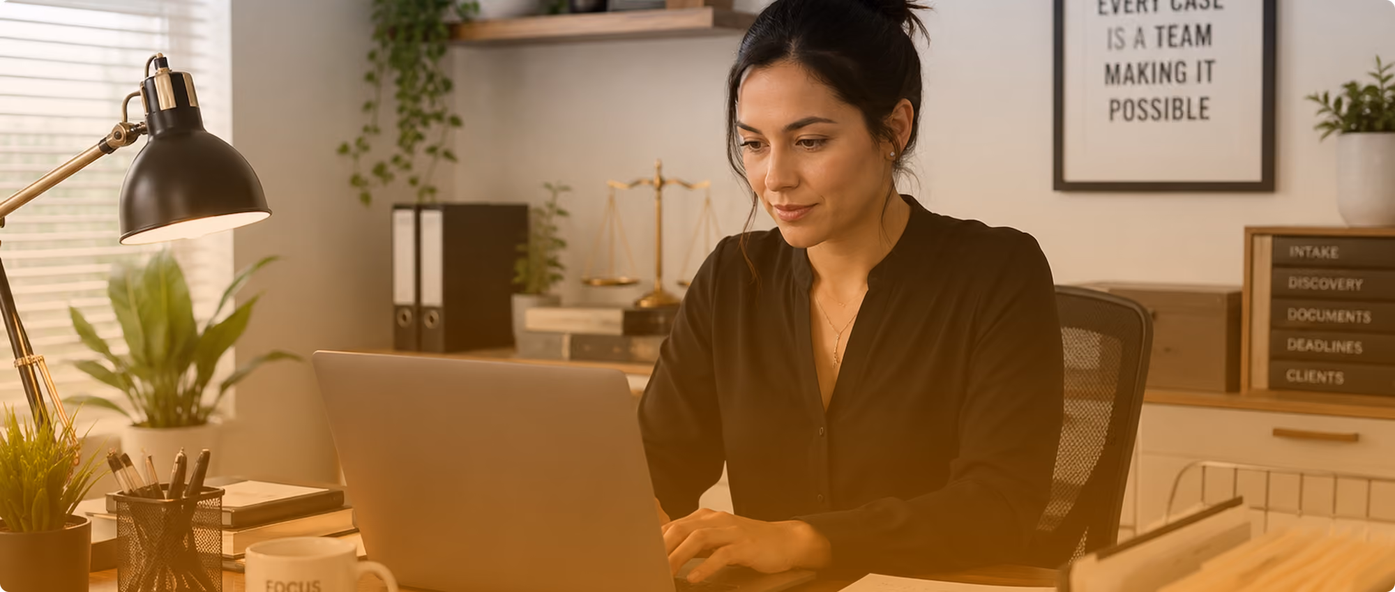 Woman working on a laptop at an organized desk with plants, lamp, and legal office decor.