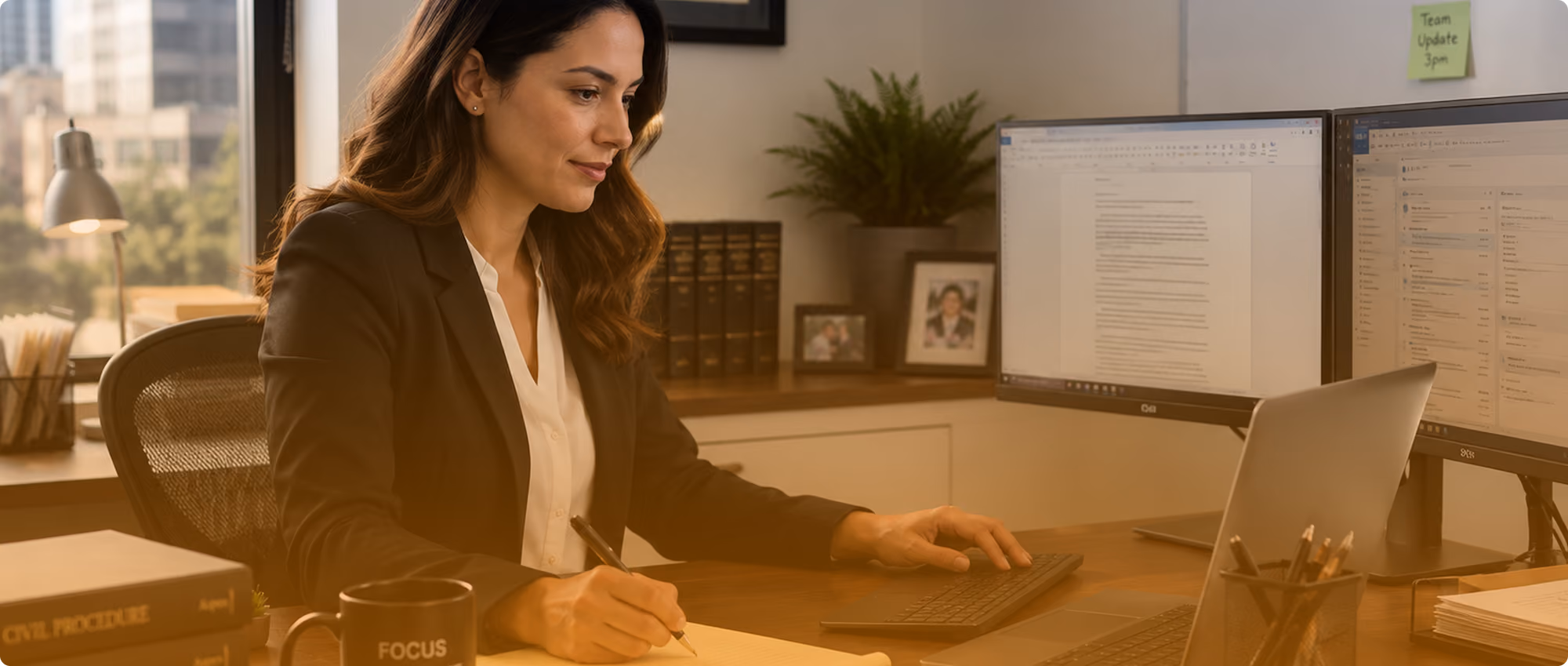 Woman in business attire working at desk with dual monitors, writing on notepad in office.