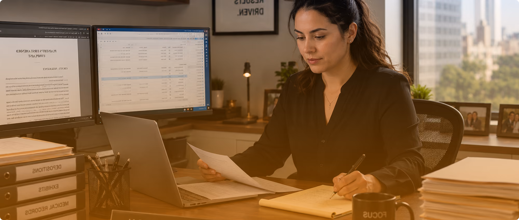 Woman reviewing documents at desk with laptop and dual monitors in bright office with city view.