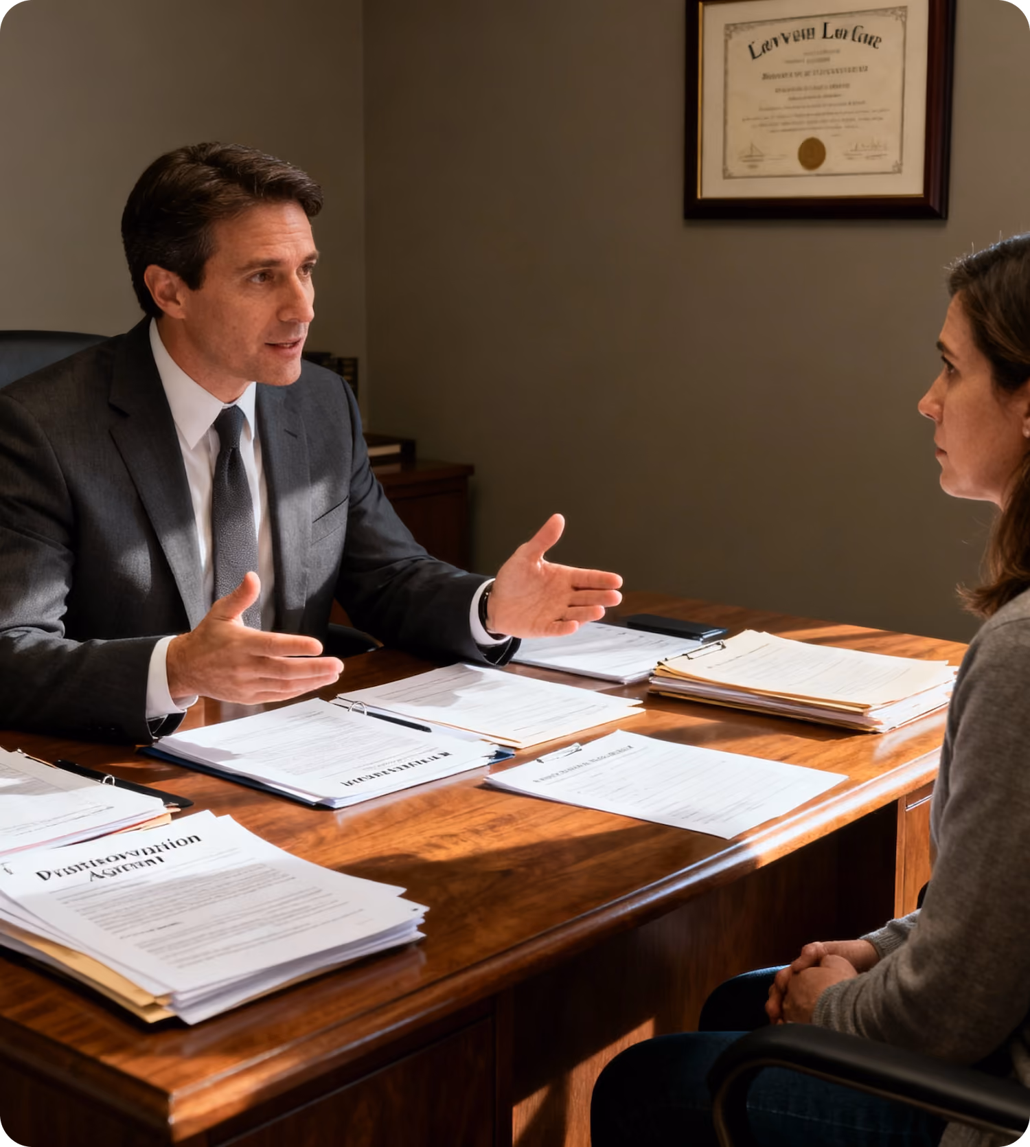 Man in suit discussing documents across a desk with a seated woman in an office setting.