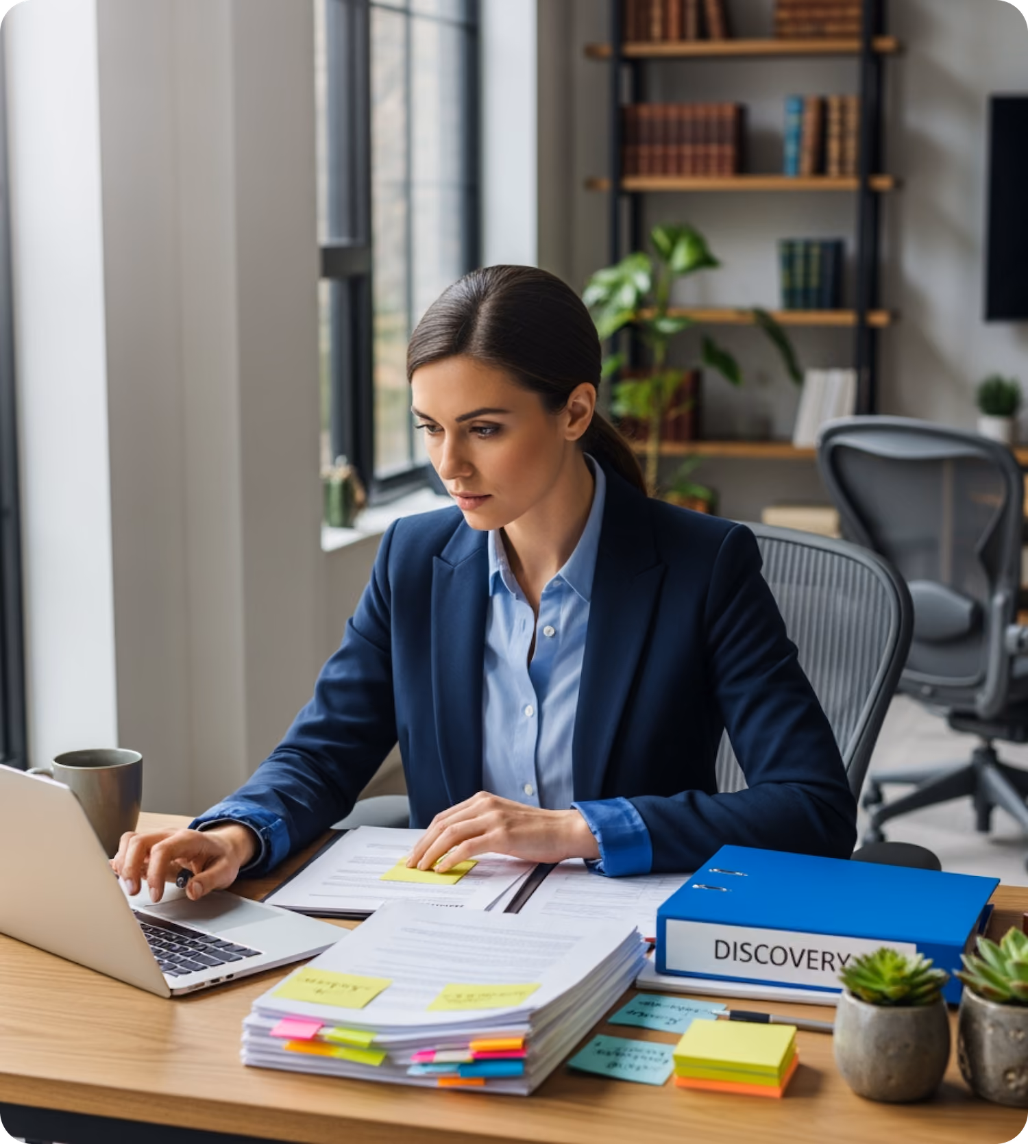 Professional woman in business attire working on laptop at desk with organized documents and a blue discovery binder.