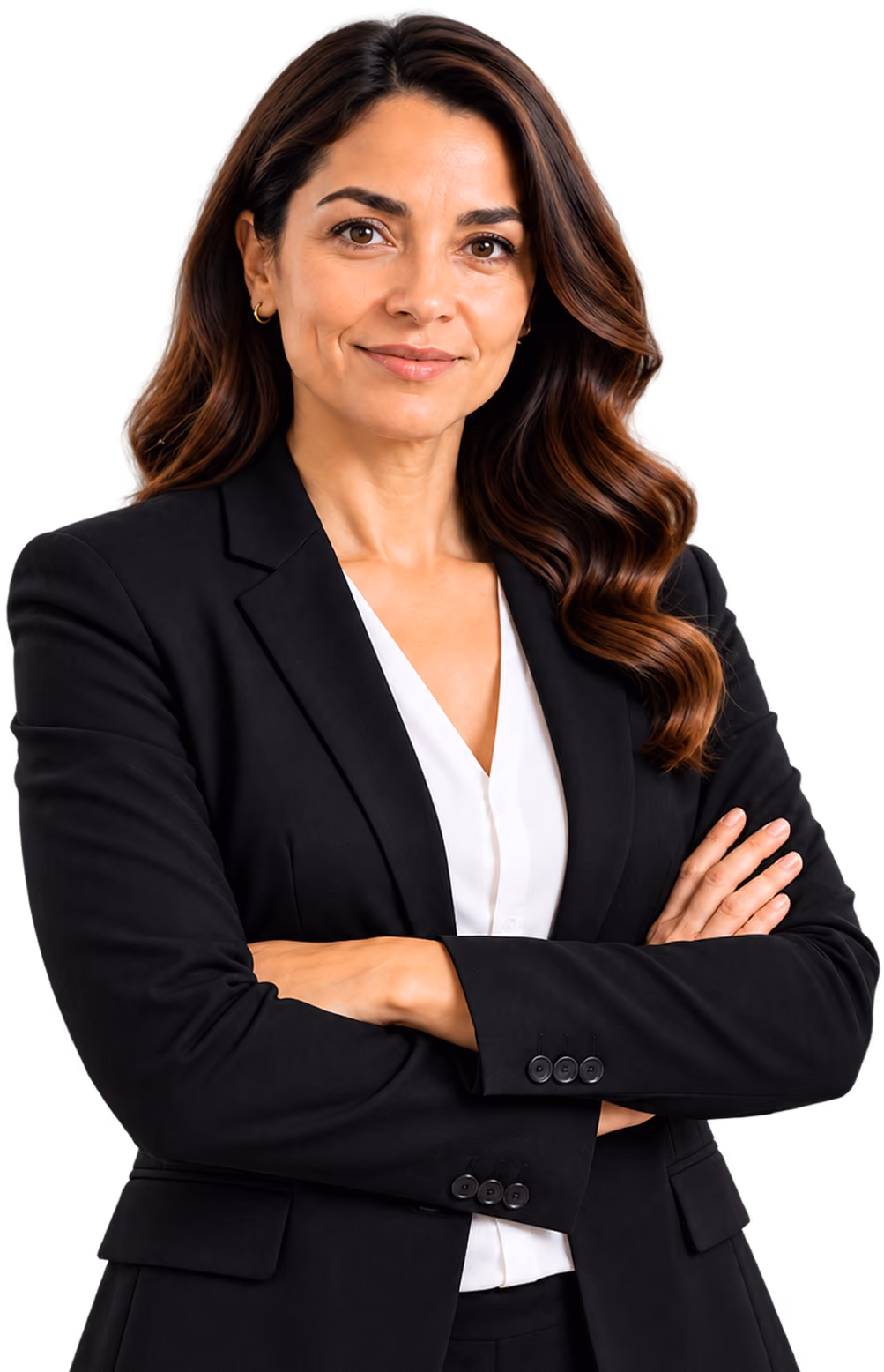 Confident woman with wavy brown hair in a black suit and white blouse, arms crossed.