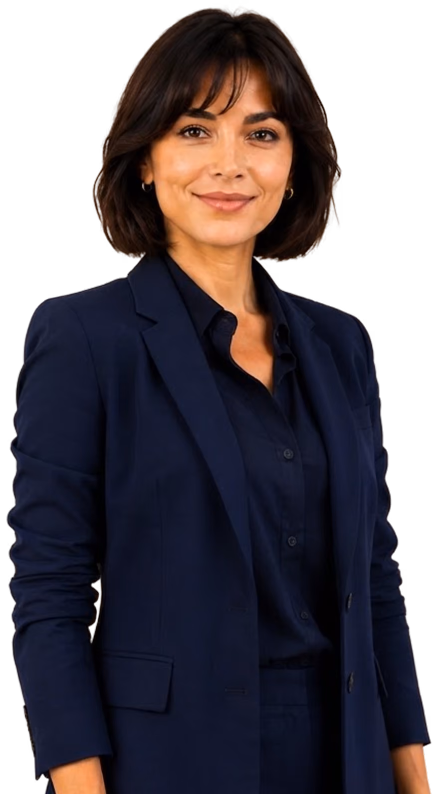 Confident woman with short dark hair wearing a navy blue suit and smiling slightly.