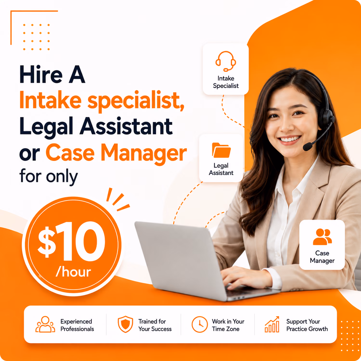 Three professional women in black suits, law firm tasks, calendar, and legal workflow icons around them.