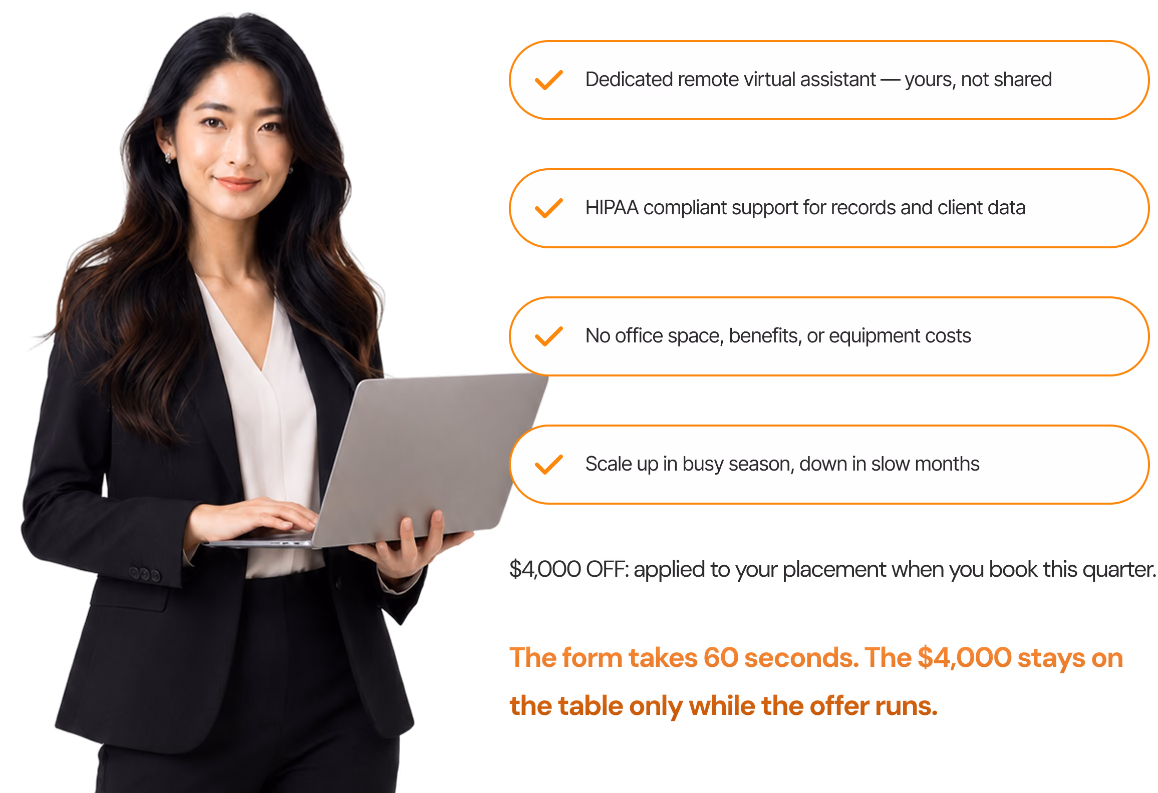 Professional woman in black suit holding a laptop with text listing remote assistant benefits.