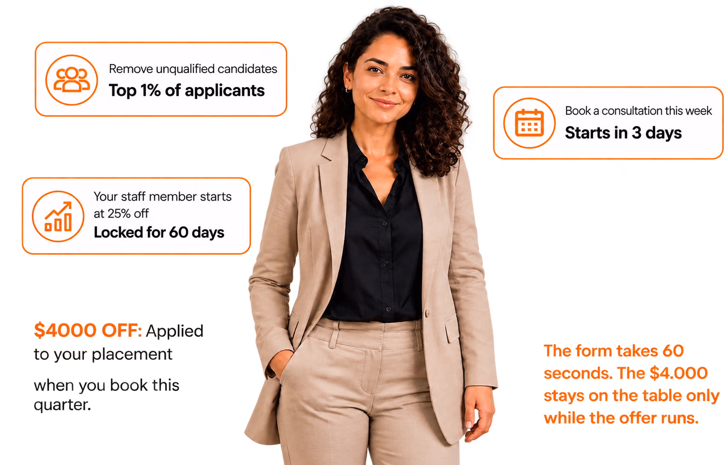 Confident woman in beige suit with text boxes about applicants, staff discounts, and consultation timing.