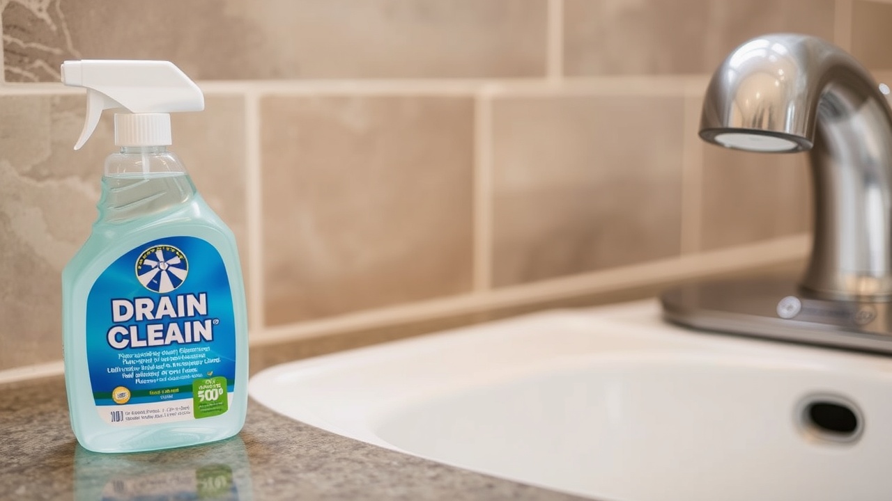 A bottle of drain cleaner placed next to the sink.