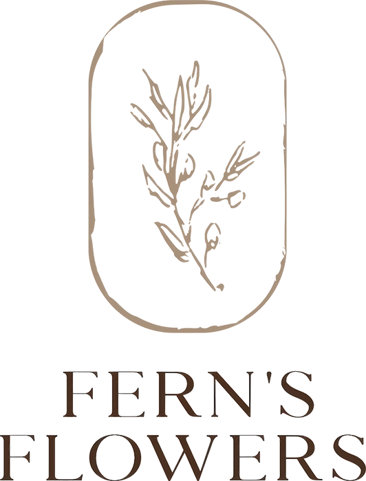 Fern's Flowers logo. Minimalist line drawing of a fern leaf inside an oval frame above the text Fern's Flowers.