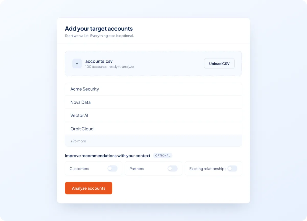 Target account upload screen with optional toggles for adding customer, partner and existing relationship context.