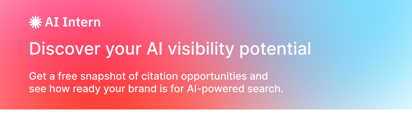 B2B SaaS website banner, clean modern design, soft gradient background pink orange blue, subtle dark overlay on right, white text headline “Find Out Why Your Company Doesn’t Show Up in AI Search”, subheadline “Get a free AI Visibility Audit for ChatGPT, Gemini, and AI Overviews”, white pill CTA button “Get Free AI Visibility Audit”, minimal, enterprise SaaS, no illustrations, no people