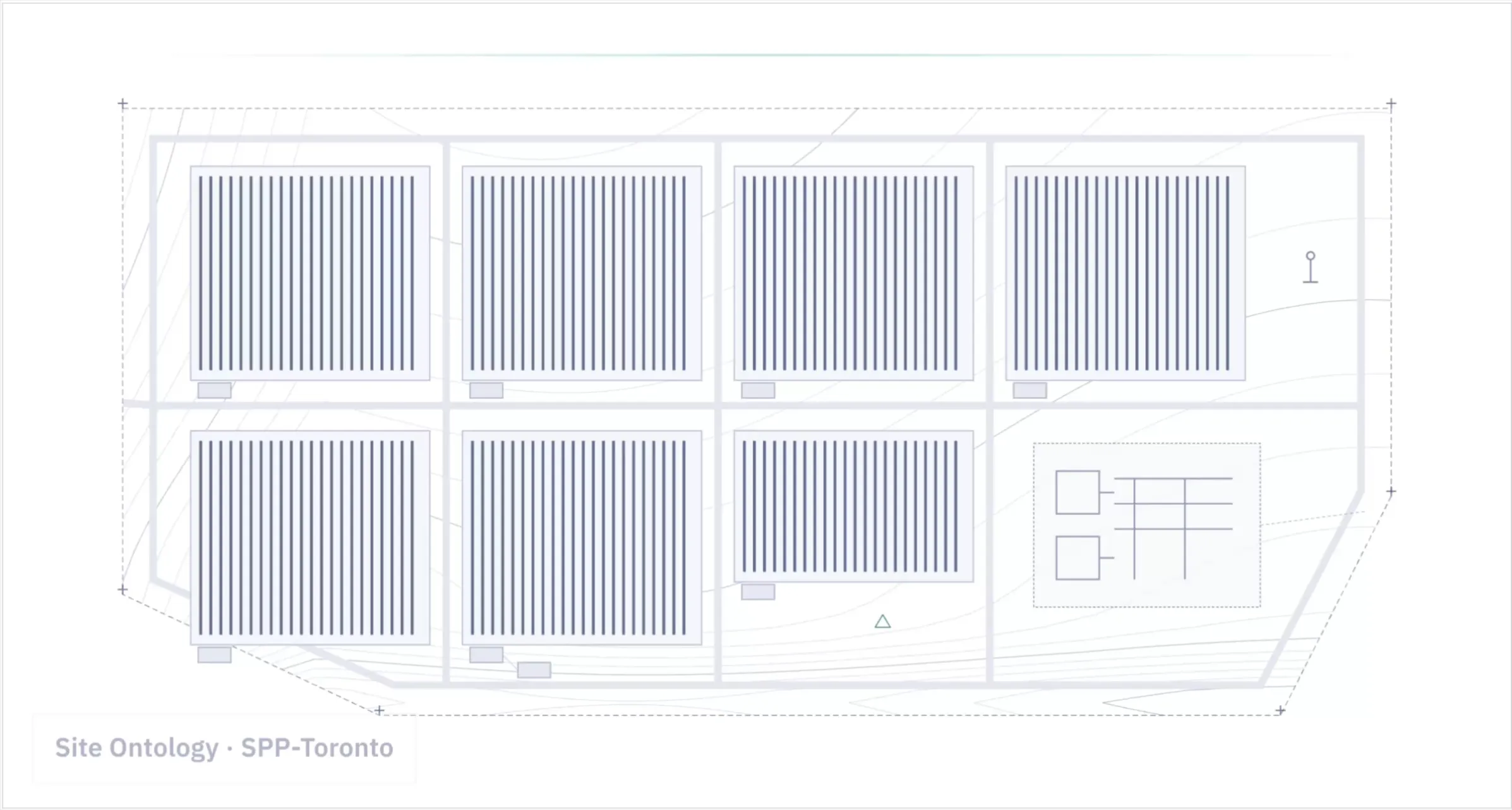 TRAIL site ontology view of a solar power plant, showing panel blocks, roads and a substation