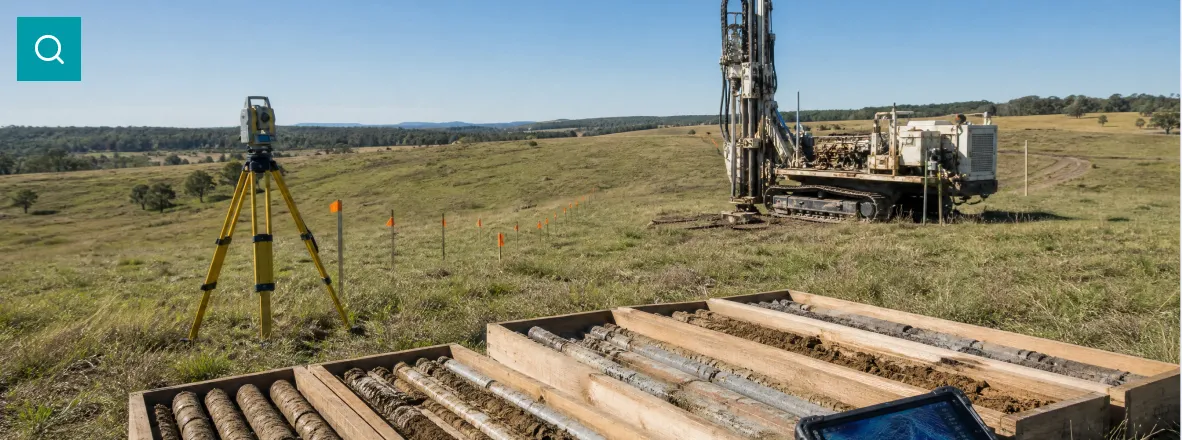 Drill rig and survey equipment on a greenfield energy site