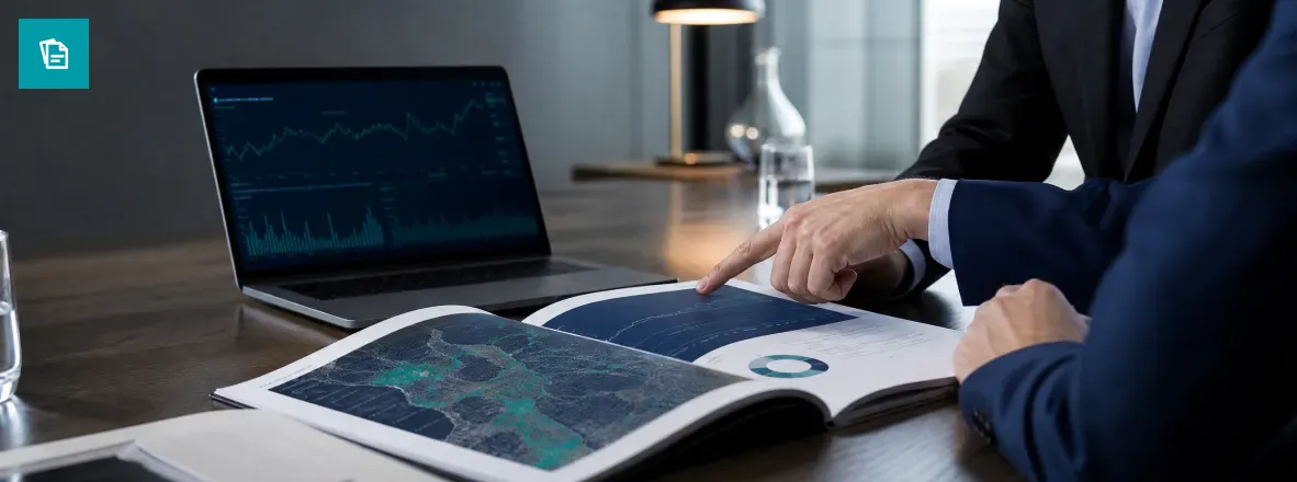 Underwriter reviewing a printed site risk report and dashboard