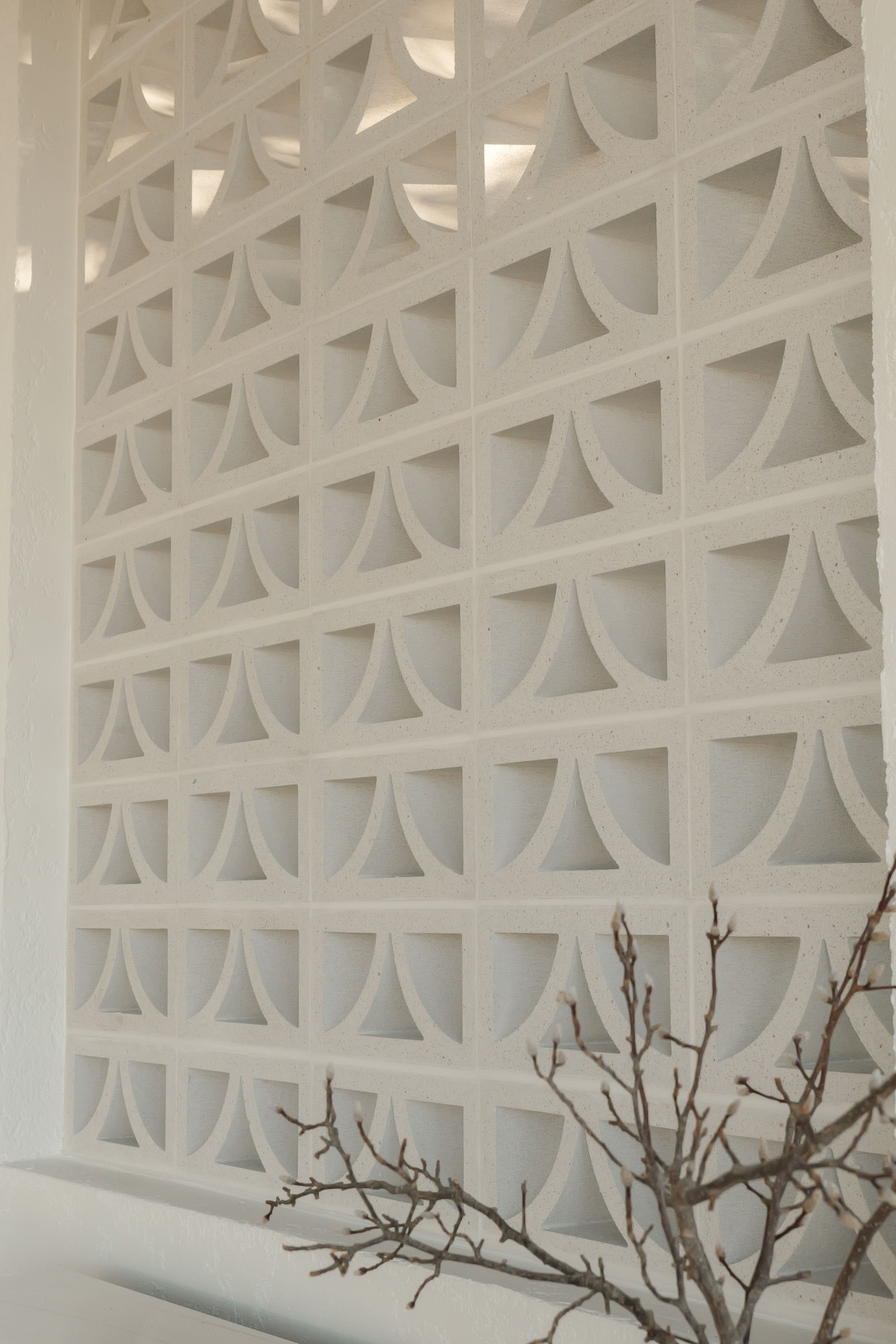 Decorative white breeze block feature wall with a branch arrangement in front