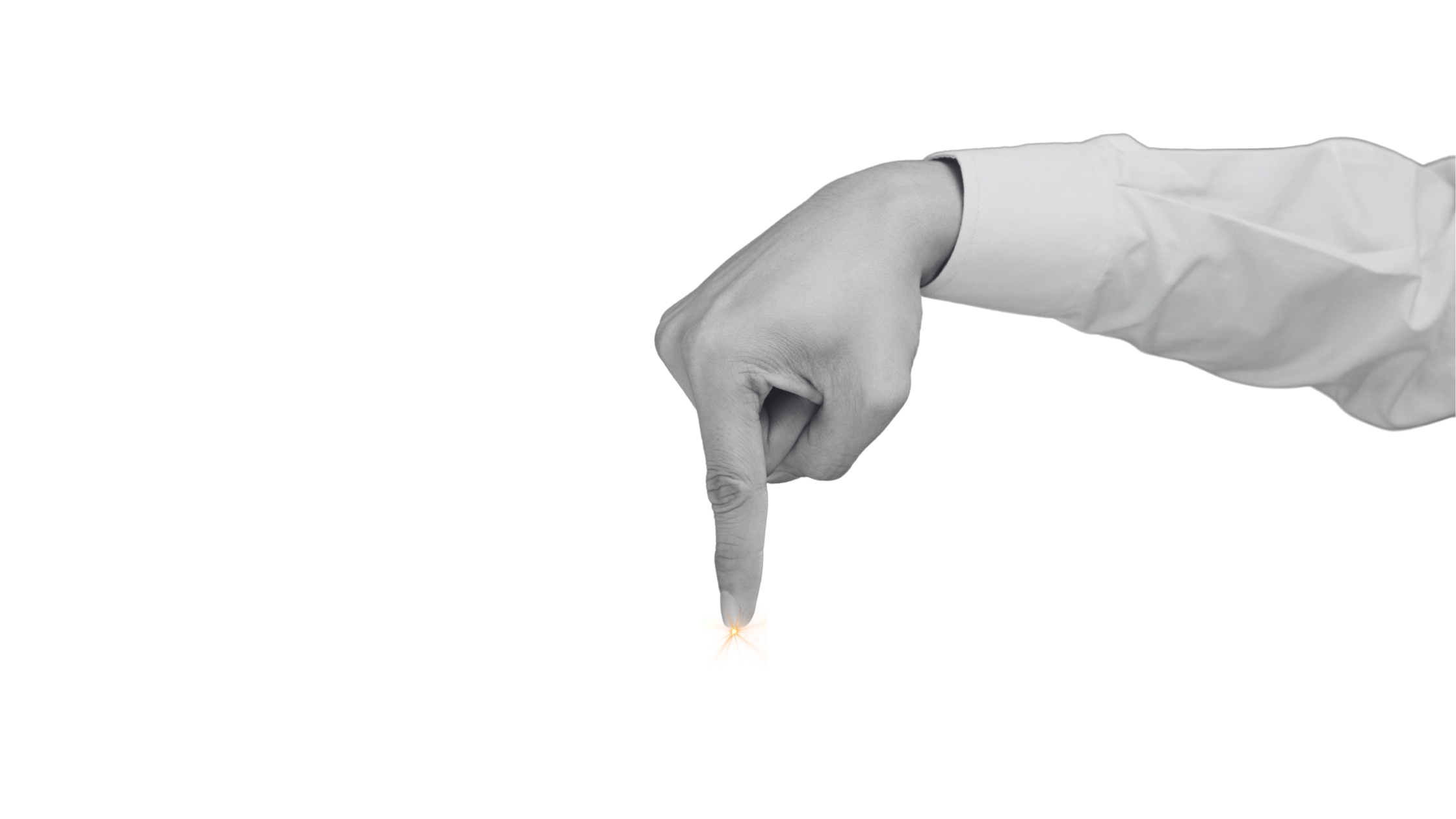 Eine Hand mit ausgestrecktem Zeigefinger, der eine kleine leuchtende Lichtquelle auf einer weißen Oberfläche berührt.
