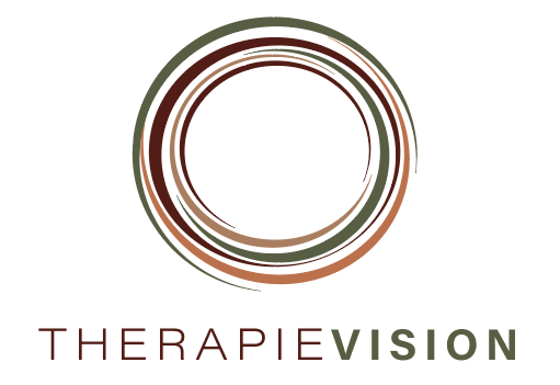 TherapieVision Firmenlogo mit stilisiertem, mehrfarbigem Kreis über dem Text.
