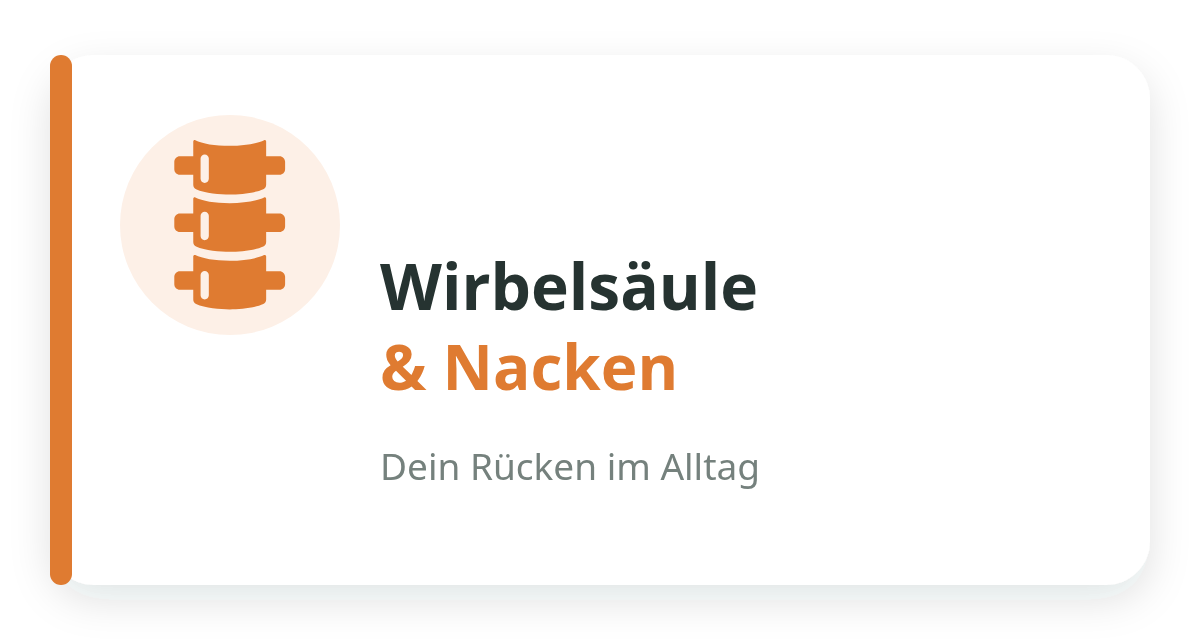 Grafik mit orangefarbenem Wirbelsäulen-Symbol und Text ‚Wirbelsäule & Nacken Dein Rücken im Alltag‘ auf weißem Hintergrund.