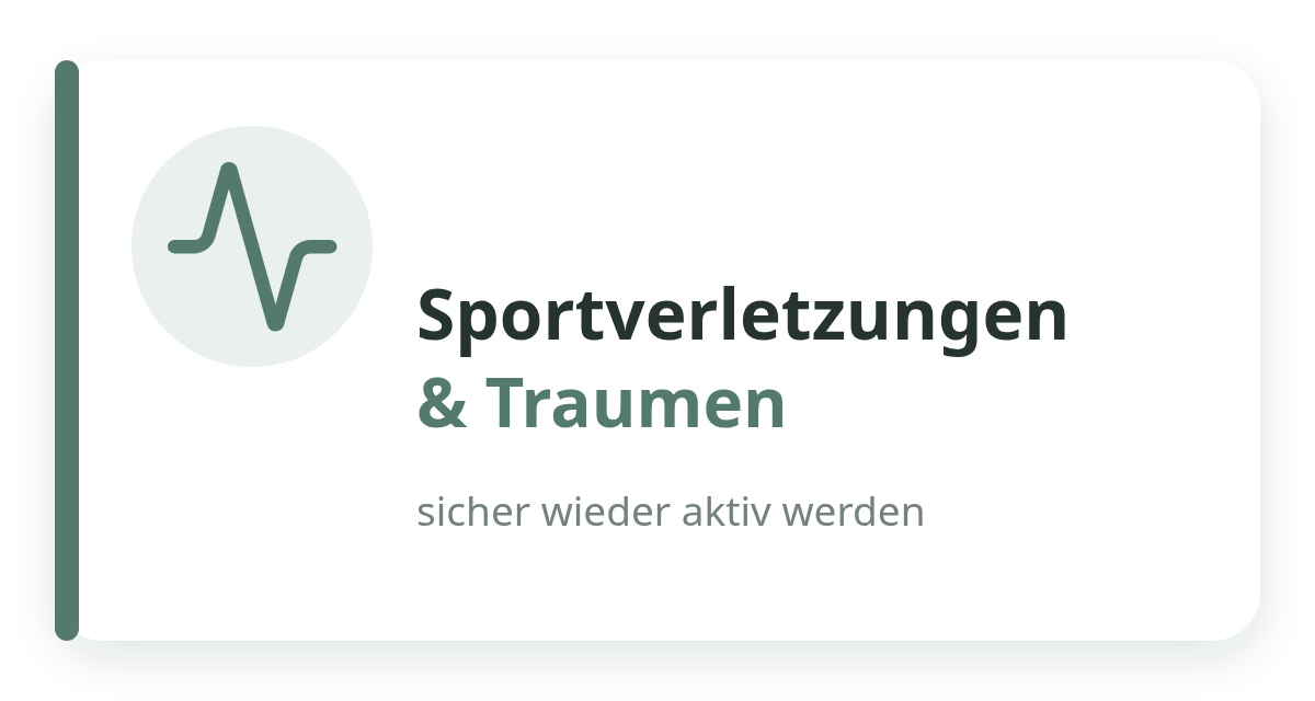 Grafik mit einem Herzfrequenzsymbol links und dem Text 'Sportverletzungen & Traumen' sowie dem Untertitel 'sicher wieder aktiv werden'.