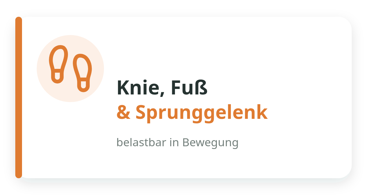 Symbol mit Fußabdrücken neben dem Text Knie, Fuß & Sprunggelenk, belastbar in Bewegung.