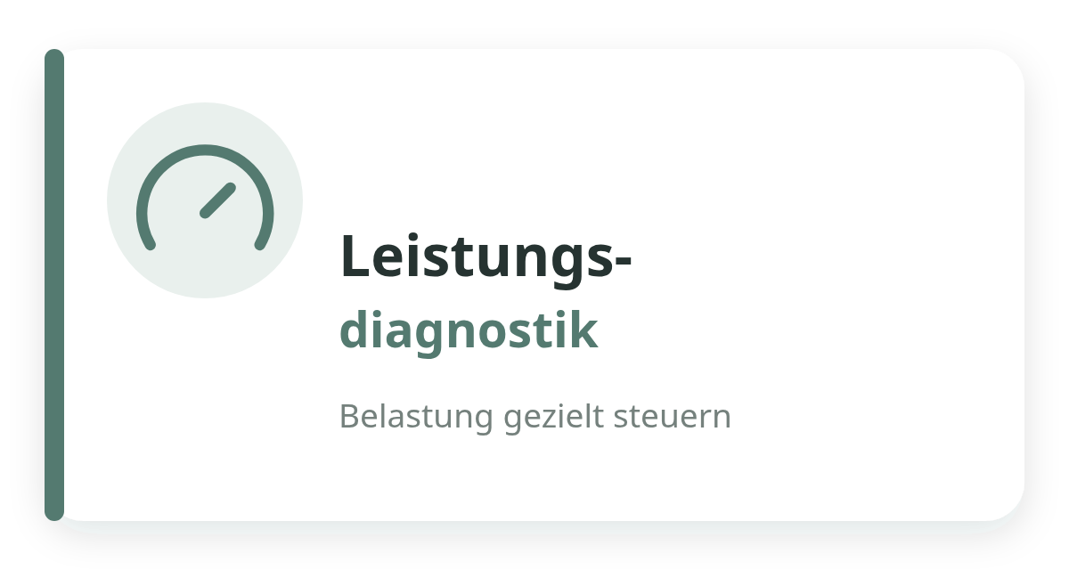 Eine Grafik zeigt ein Tachometersymbol links und den Text "Leistungsdiagnostik" in der Mitte sowie darunter "Belastung gezielt steuern".