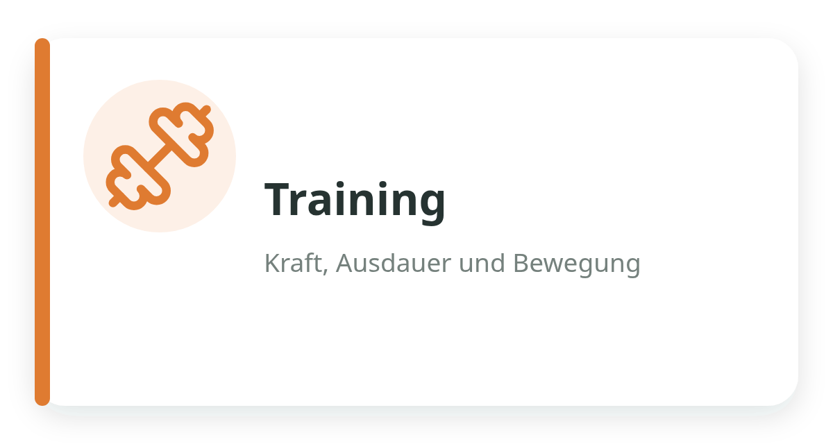 Ein orangefarbenes Symbol einer Kurzhantel neben dem Wort 'Training' in Fettschrift und dem Text 'Kraft, Ausdauer und Bewegung' auf weißem Hintergrund.