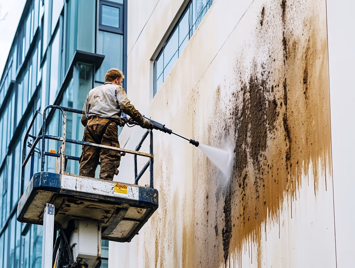 Shows someone pressure washing the exterior of a dirty commercial building.
