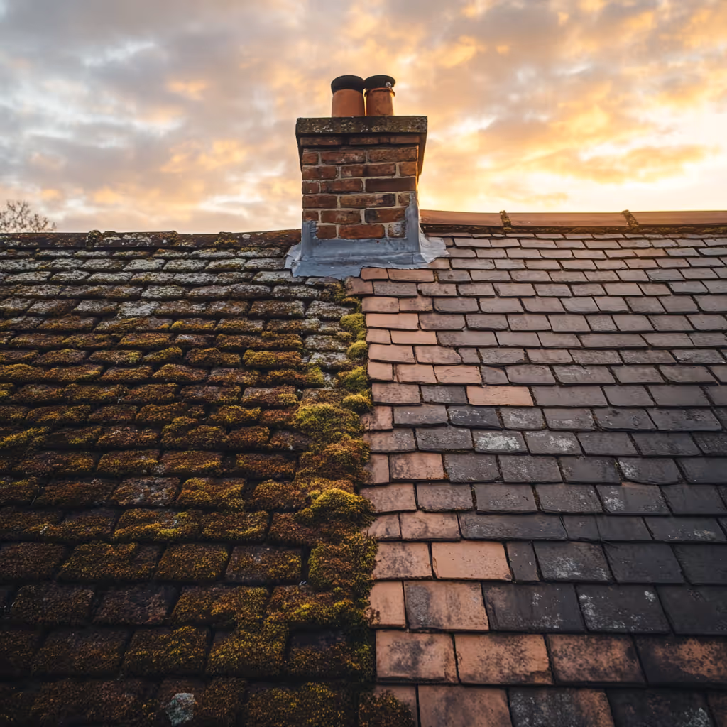 An image of a roof. Shows the difference between a clean and dirty roof.