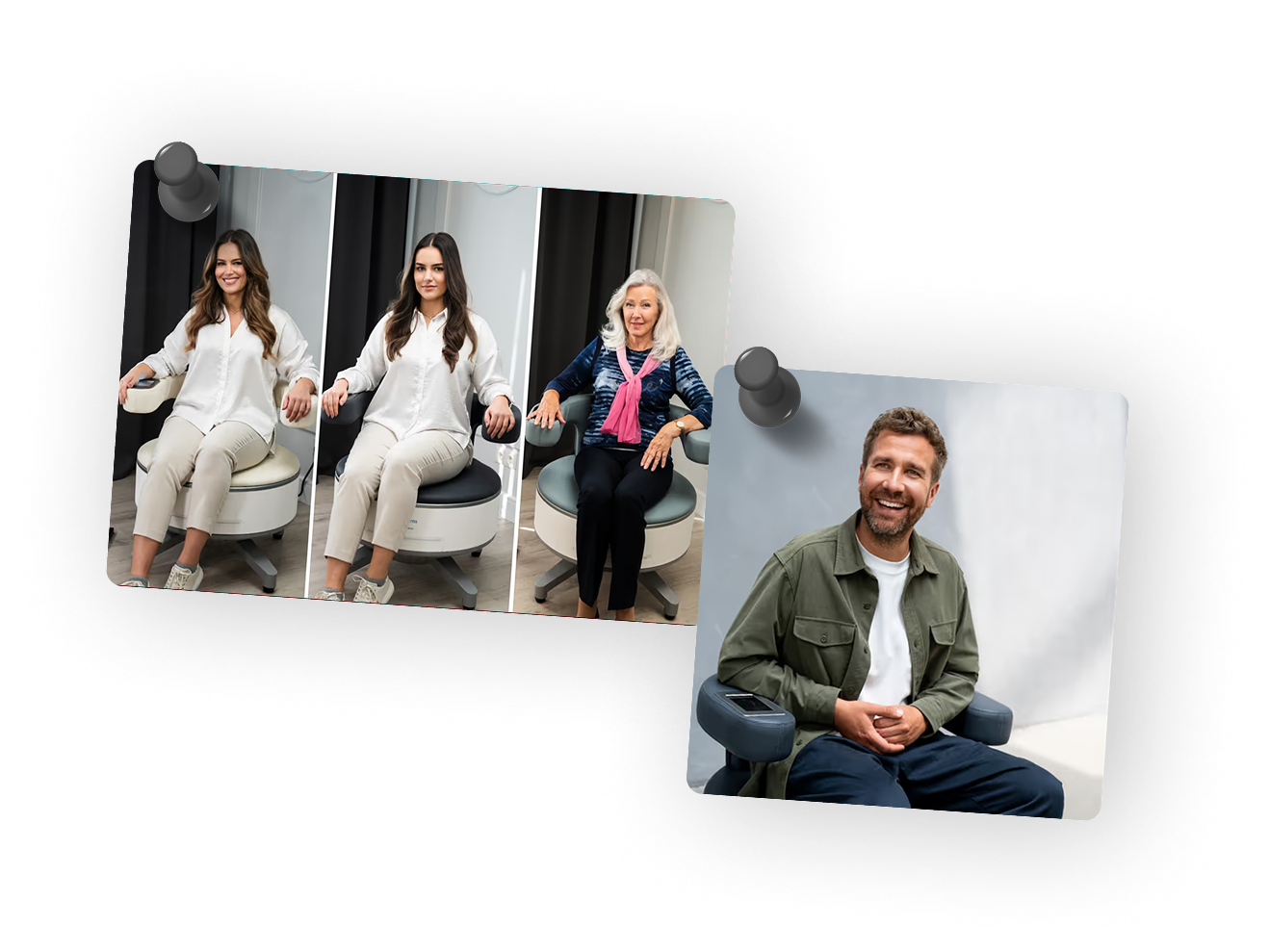 Four people sitting on ergonomic chairs: on the left, three women of different ages sit on white and black swivel chairs in a row, smiling and relaxed; on the right, a man in a green jacket and white t-shirt sits on a dark gray chair with armrests, smiling against a plain light background.