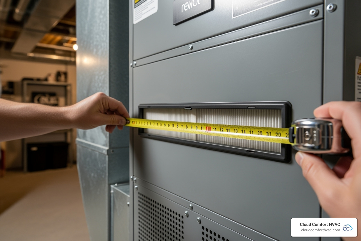 Person measuring an AC filter slot with a tape measure - AC filter replacement