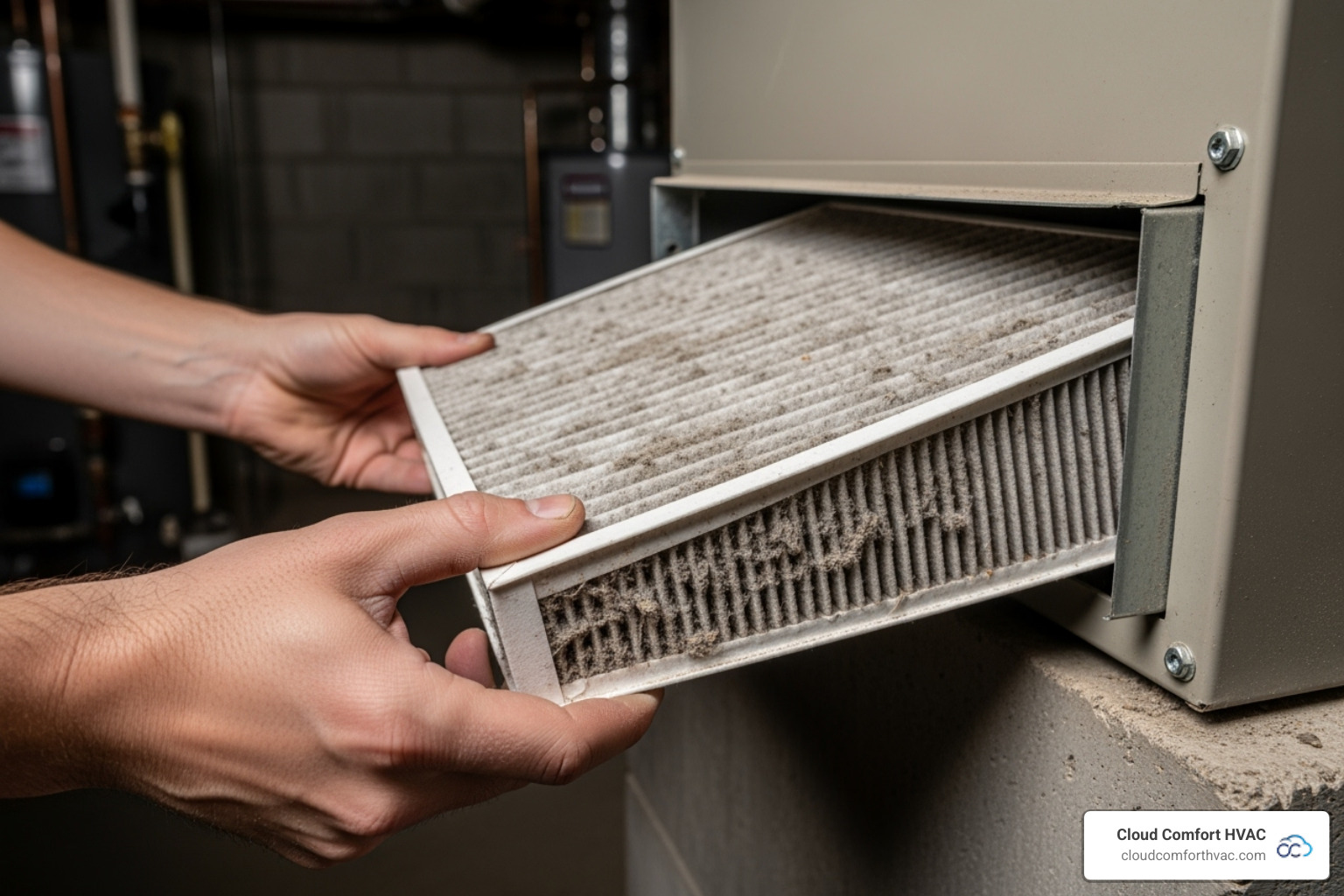 Person sliding a dirty filter out of an air handler slot - AC filter replacement