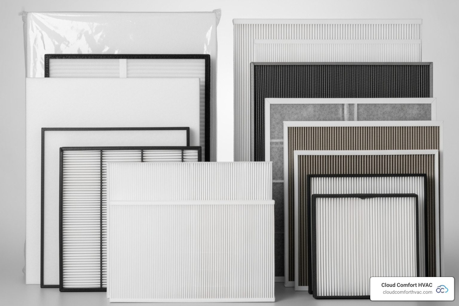 Various AC filter types and sizes arranged neatly - AC filter replacement