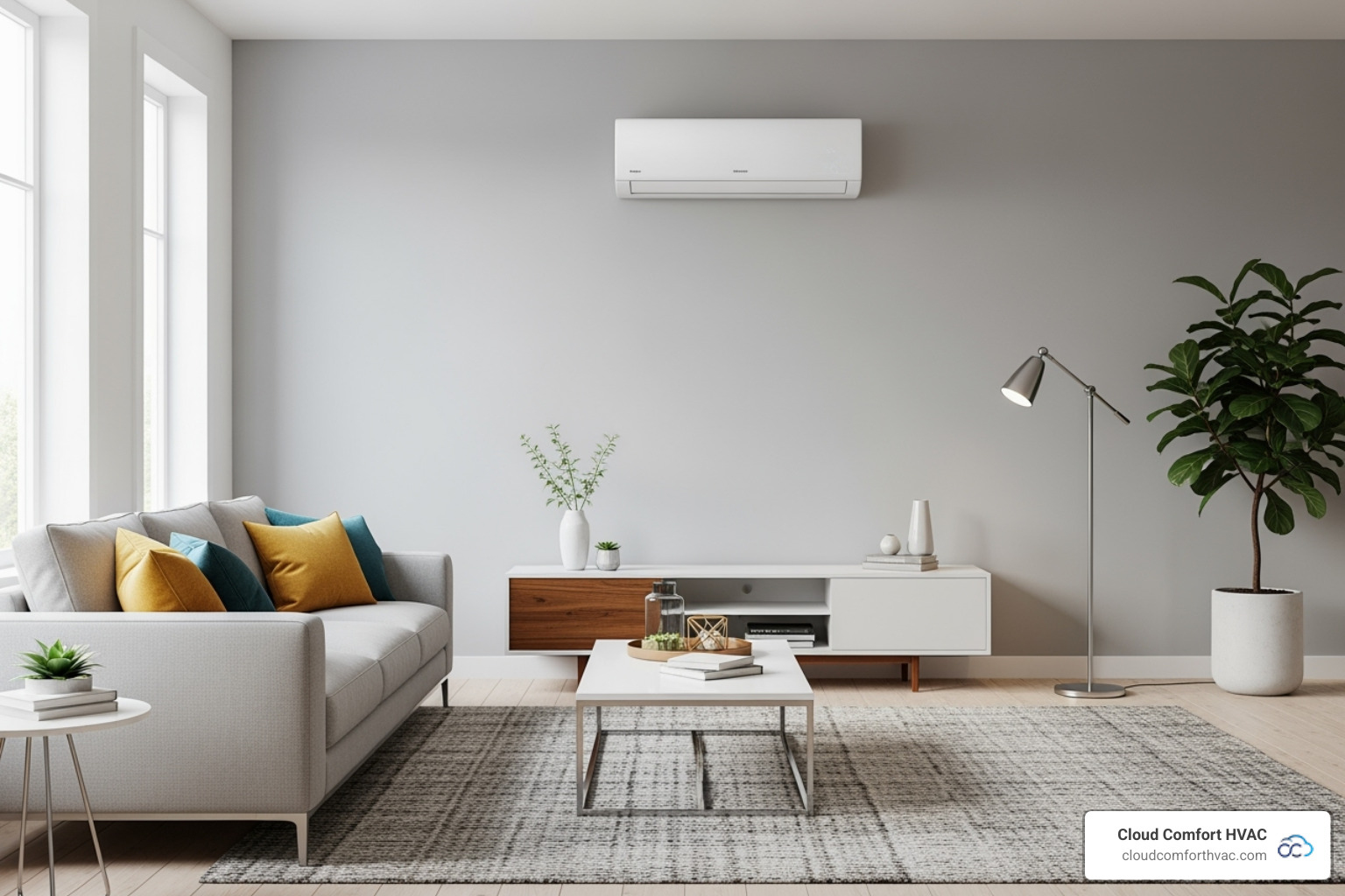 ductless mini-split unit mounted on a wall in a modern living room - AC installation Rancho Palos Verdes