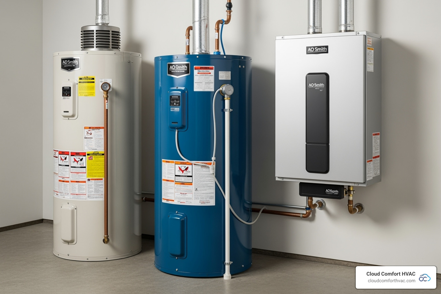 Different types of AO Smith water heaters side-by-side (gas, electric, tankless) - AO Smith water heater